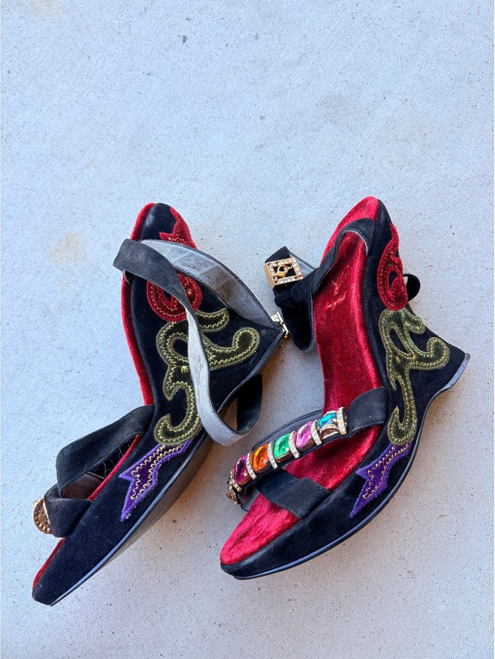 Y2K Vintage RARE Baby Phat Wedge Heel Platforms Colorful Stone Embellishment - Picture 4 of 8